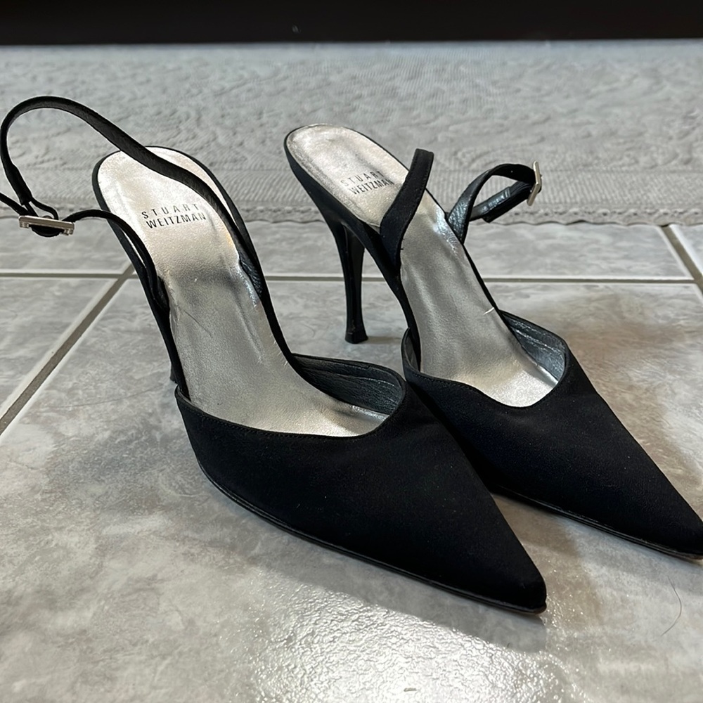 Stuart Whitman pointed toe pumps/heels.  Sling back strap with rhinestone buckle